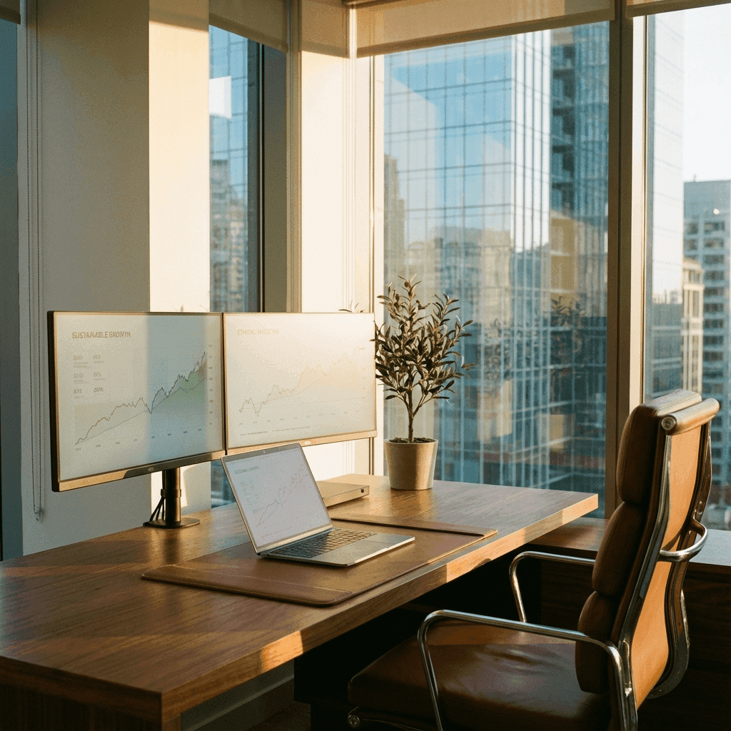 Premium financial workspace with city view